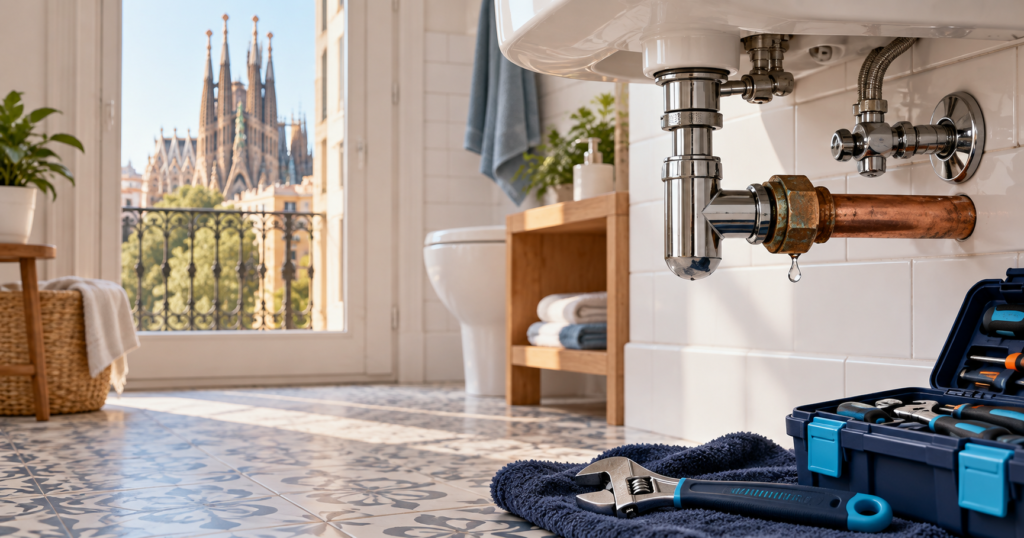 Herramientas profesionales junto a una tubería con fuga en un baño de Sagrada Família.