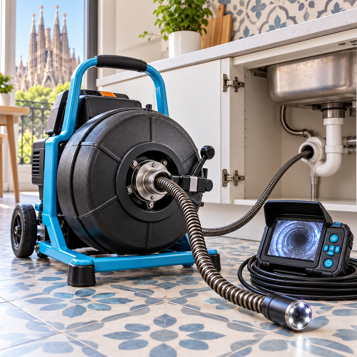 Máquina de varilla eléctrica y cámara conectadas al desagüe de un fregadero.