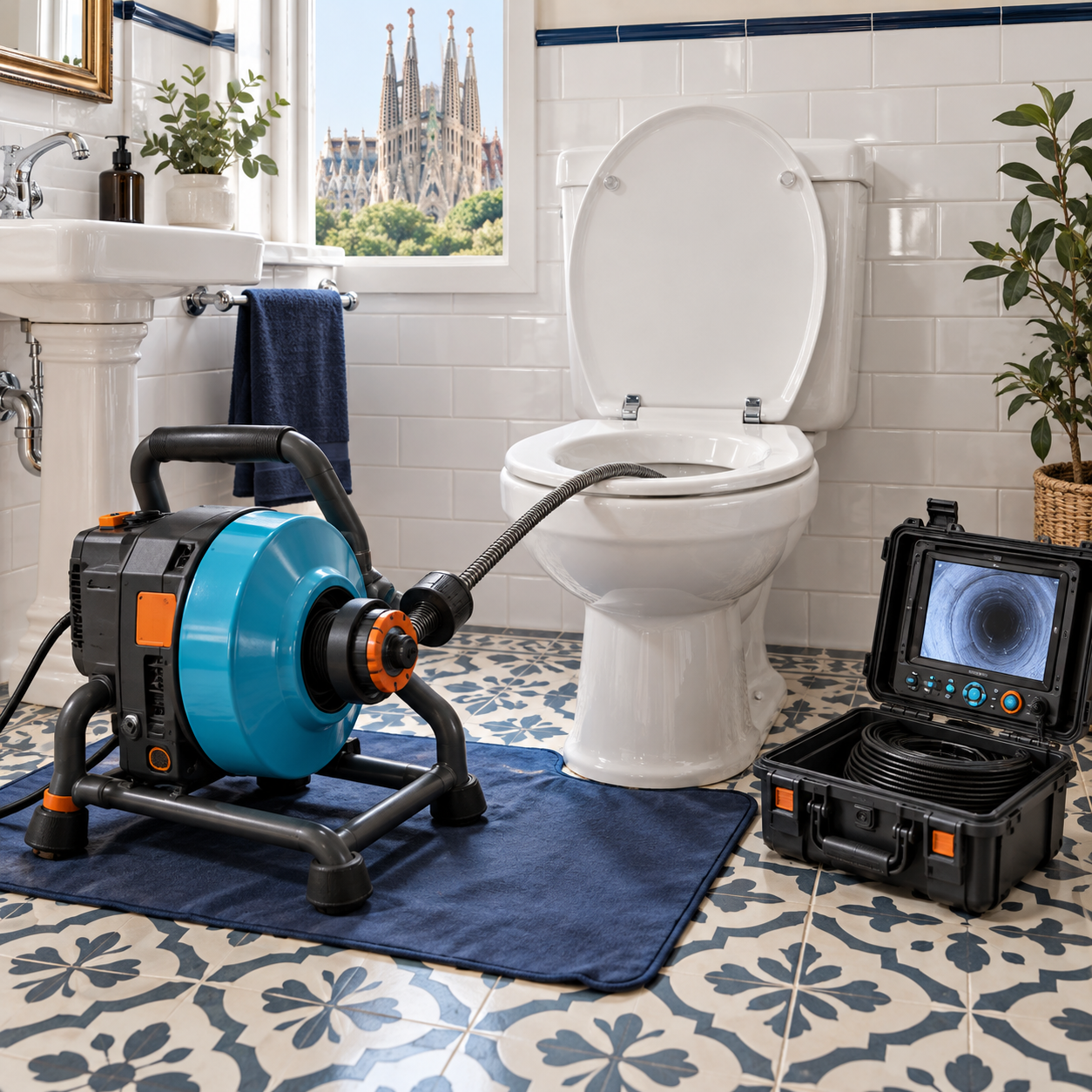 Máquina eléctrica y cámara preparadas para desatascar un WC sin dañar la porcelana.
