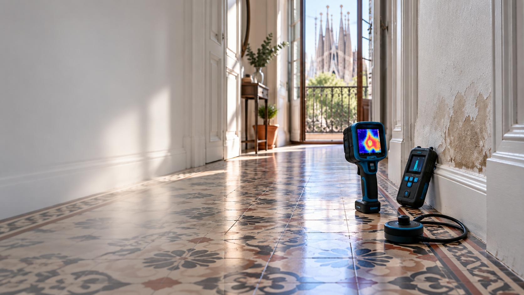 Cámara térmica y medidor de humedad examinando una pared de un piso de Sagrada Família.