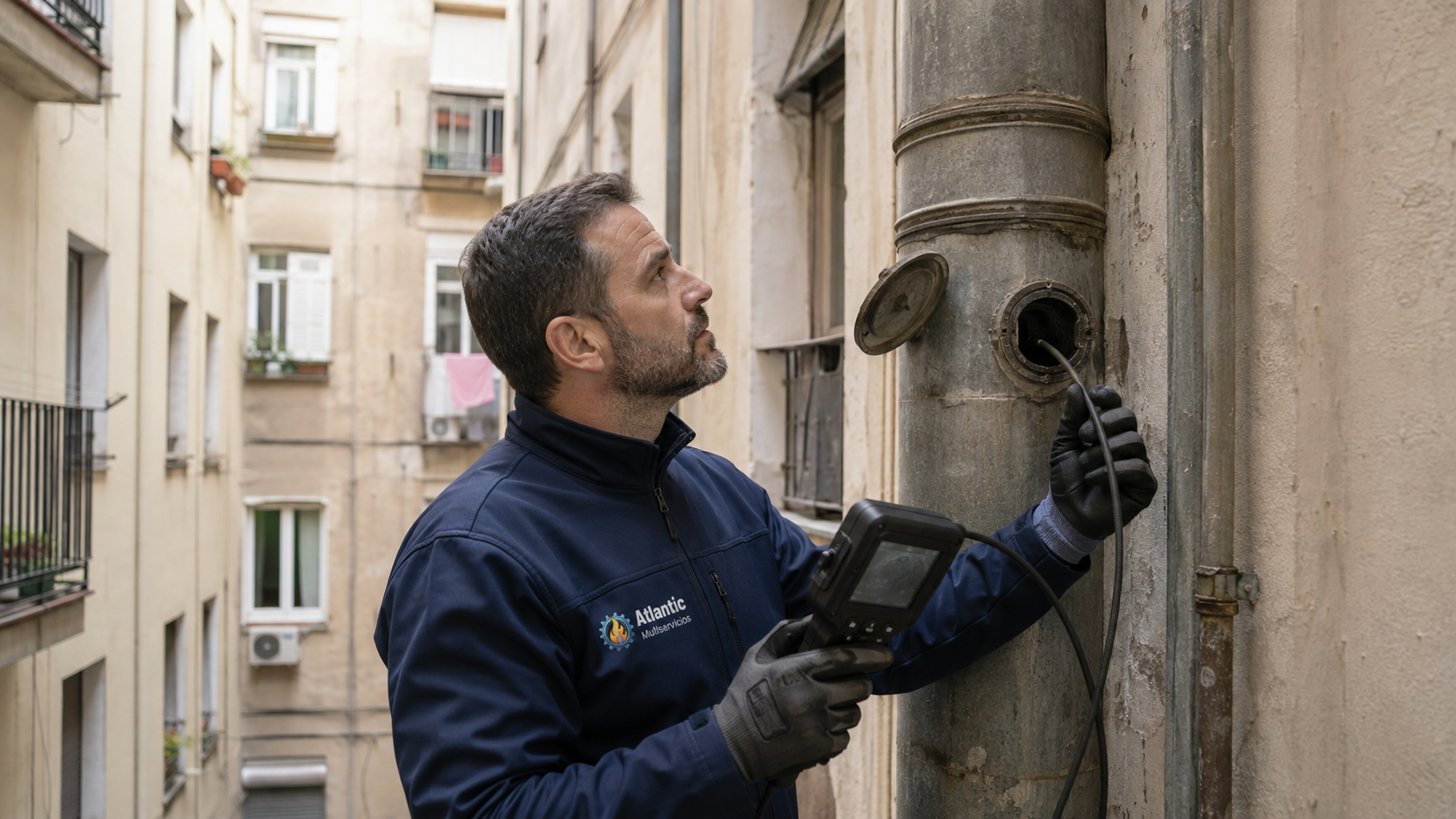 Técnico de Atlantic Multiservicios inspeccionando una bajante antigua en una comunidad de Horta-Guinardó